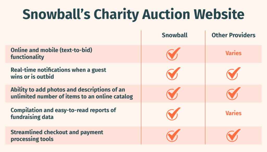 Snowball’s charity auction website features and how those features compare to other providers, described in more detail below.